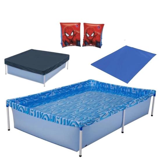 Imagem de Kit Piscina de Armacao Infantil 1000l + Capa + Forro + Boia de Braco Homem Aranha  Mor 