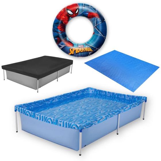 Imagem de Kit Piscina de Armacao Infantil 1000l + Capa + Forro + Boia Inflavel do Homem Aranha