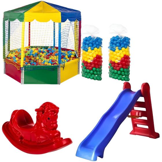 Imagem de Kit Piscina de Bolinhas 2,00m Oitavada 1000 Bolinhas Escorregador Grande Gangorra 1 Lugar