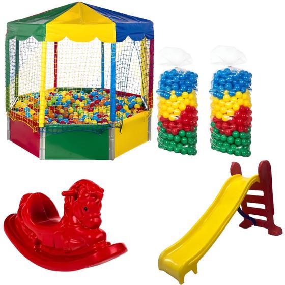 Imagem de Kit Piscina de Bolinhas 2,00m Oitavada 1000 Bolinhas Escorregador Médio Gangorra 1 Lugar