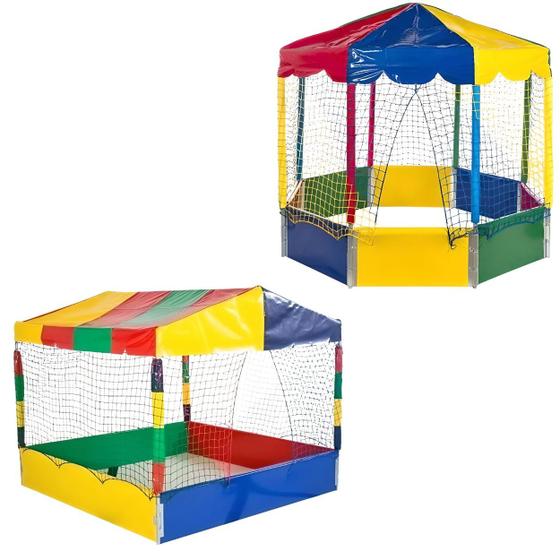 Imagem de Kit Piscina de Bolinhas Quadrada 1,50m Oitavada 2,00m Casinha Barraquinha Colorida Premium