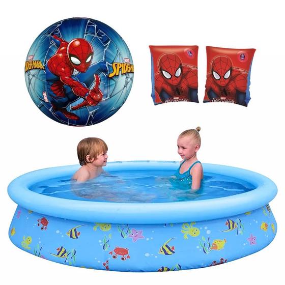 Imagem de Kit Piscina Infantil 1000 L + Boia de Braco e Uma Bola do Homem Aranha