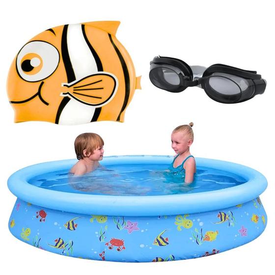 Imagem de Kit Piscina Infantil 1000 L + Touca de Peixinho + Oculos de Natacao Preto Ajustavel  Bel 