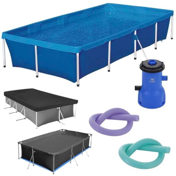 Imagem de Kit Piscina Retangular 3000 L + Capa e Forro para Protecao + Filtro 220v 2006 L/Hr + 2 Boias Espaguete