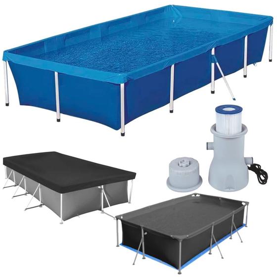 Imagem de Kit Piscina Retangular 3000 L com Capa + Forro e Filtro 220v 2.200 L/Hr