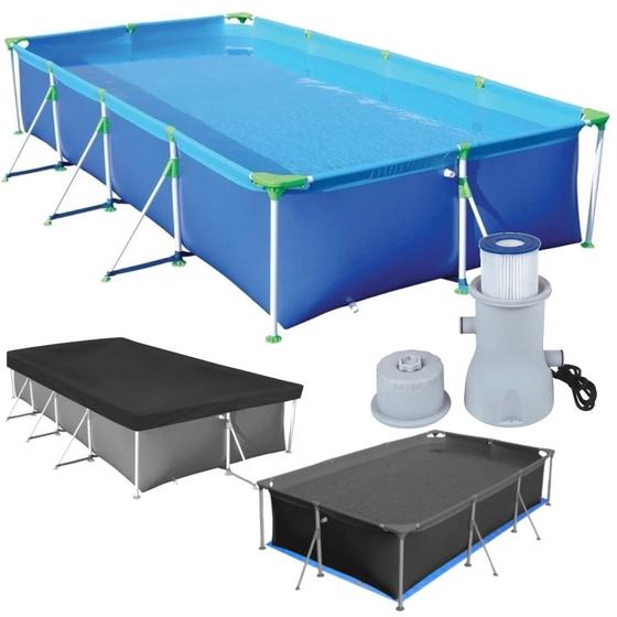 Kit Piscina Retangular 6200 L com Capa, Forro e Filtro 220v 3600 L/H Imagem de Kit Piscina Retangular 6200 L com Capa, Forro e Filtro 220v 3600 L/H