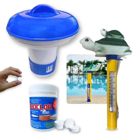 Imagem de Kit Piscina Termometro de Tartaruga + Mini Clorador Flutuante Kala + 50 Mini Pastilhas de Cloro 2g Bioclor