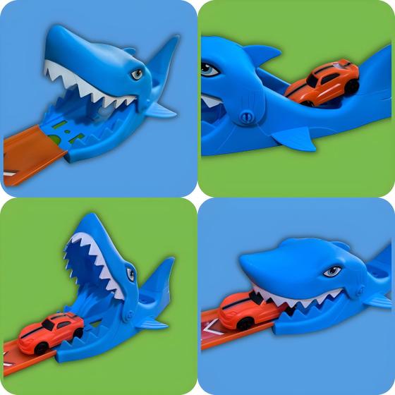 Imagem de Kit Pista De Carrinho Dino Brinquedo Tubarão Carro Lançador