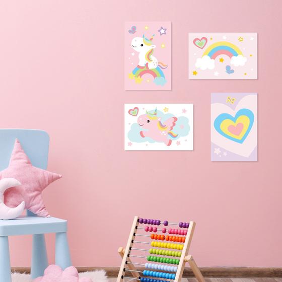 Imagem de Kit Placa Decorativa MDF Infantil Unicornio 4un 30x40