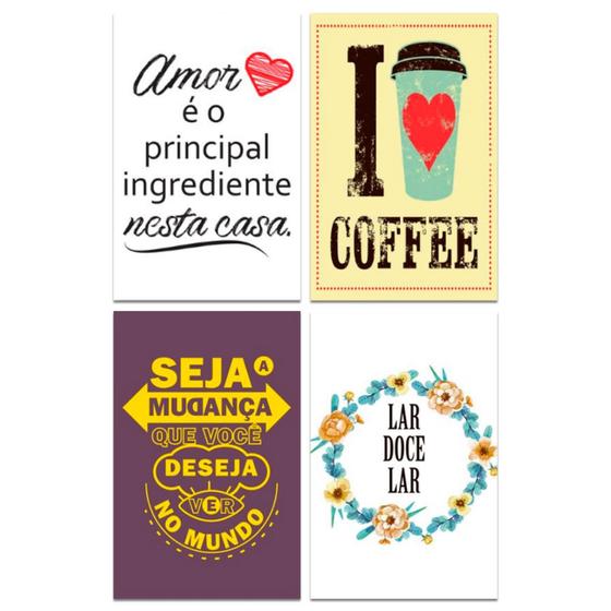 Imagem de Kit Placas Decorativas Frase Café Cozinha Mdf 4 pçs 20x13 cm