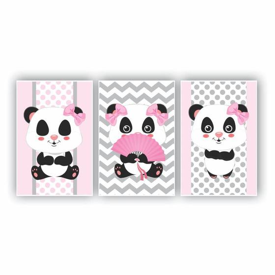 Imagem de Kit Placas Quadros 3 Pçs 20X30 Infantil Panda Rosa