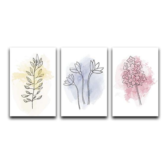 Imagem de Kit Placas Quadros Decorativos 3 pçs 20x30 Flores Aquarela