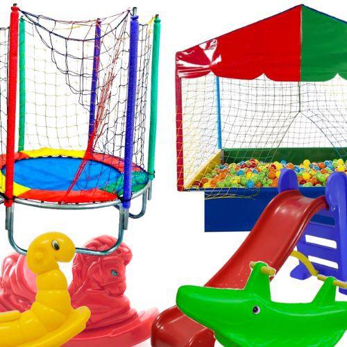 Imagem de KIT Playground Brinquedo Área de Lazer Infantil Cama Elástica 2,30M + Escorregador Médio + Cavalinho + Nhoca + Jacaré + Piscina 1,5M (1000 bolinhas)