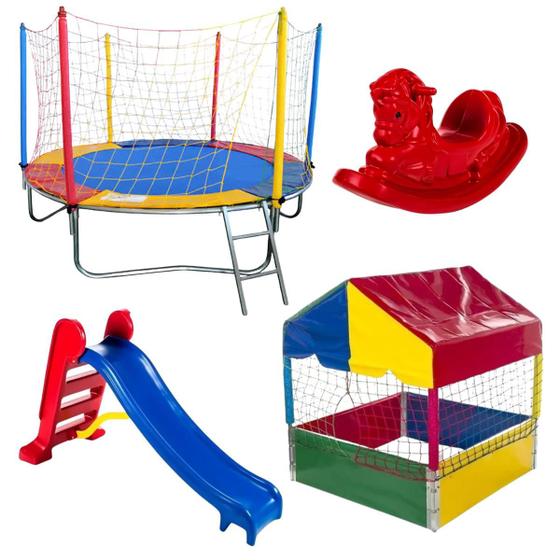 Imagem de Kit Playground Completo Cama Elástica Trampolim Pula Pula 2,30m + Piscina De Bolinhas 1,00m + Escorregador Médio + Gangorra 1 Lugar