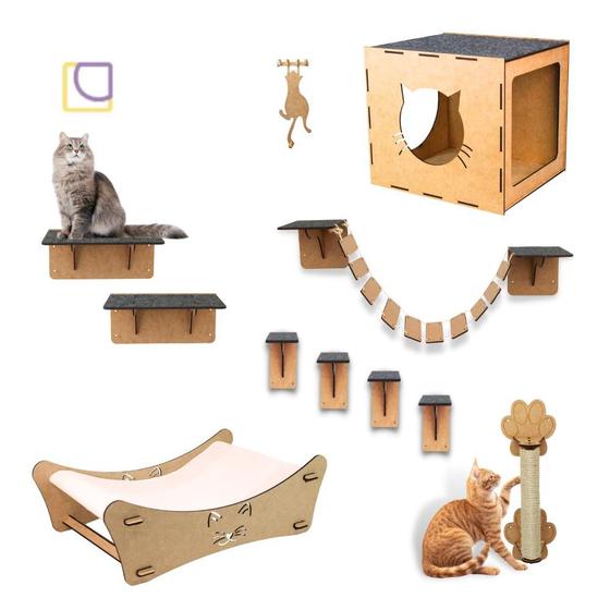 Imagem de Kit Playground Para Gato 10 peças Degraus Nicho Arranhador Cama 