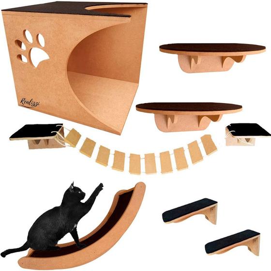 Imagem de Kit Playground para gatos de apartamento 7 Pçs casinha ponte degrau prateleira rampa