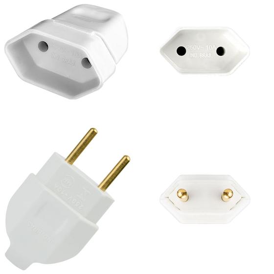 Imagem de Kit Plugue Pino Macho Maciço 2p 10A + Tomada Fêmea 2p 10A Branco