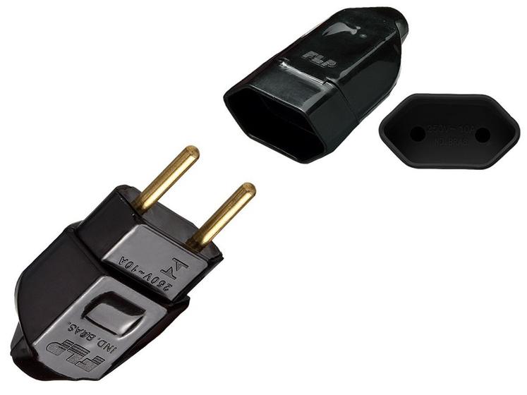 Imagem de Kit Plugue Pino Macho Maciço 2p 10A + Tomada Fêmea 2p 10A Preto