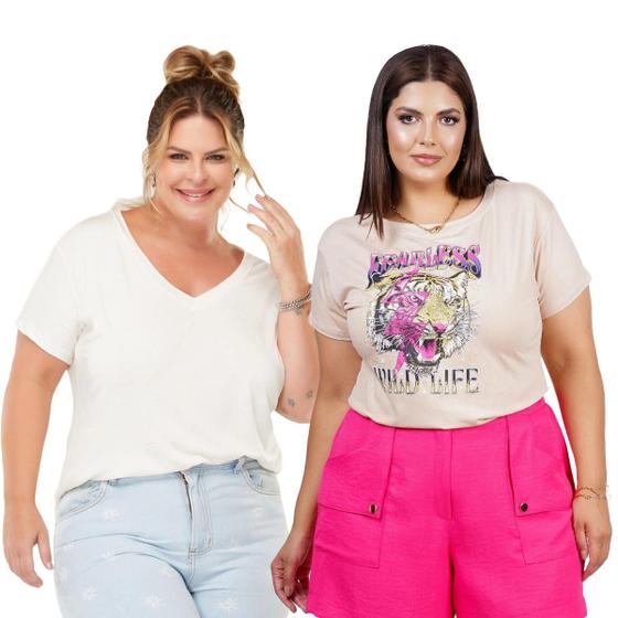 Imagem de Kit Plus Size 2 Blusas Tshirts Básica e Estampada Moda GG G1