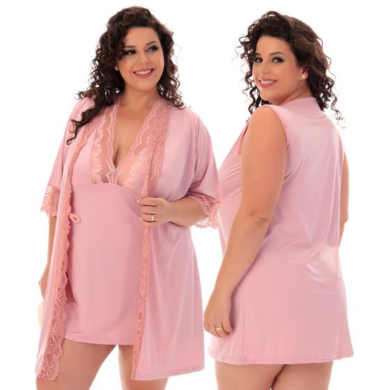 Imagem de Kit Plus Size Camisola Decote Sexy Microfibra  e Robe Renda  MAG826.851