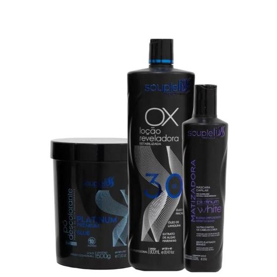 Imagem de Kit Pó Descolorante Blue + ox 30 Vol + matizador Souple liss