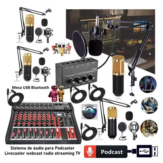 Imagem de Kit Podcast Sistema Setup Podcast Radio Web Mesa de Som Interface USB Com 4 Microfones 