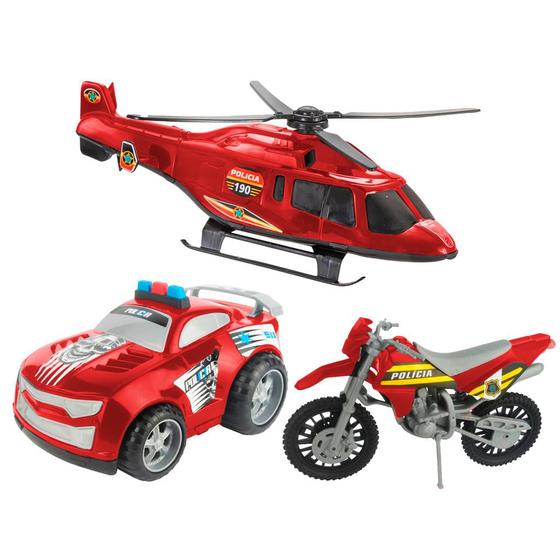 Imagem de Kit Policial Carrinho Moto E Helicoptero Infantil - Bs Toys