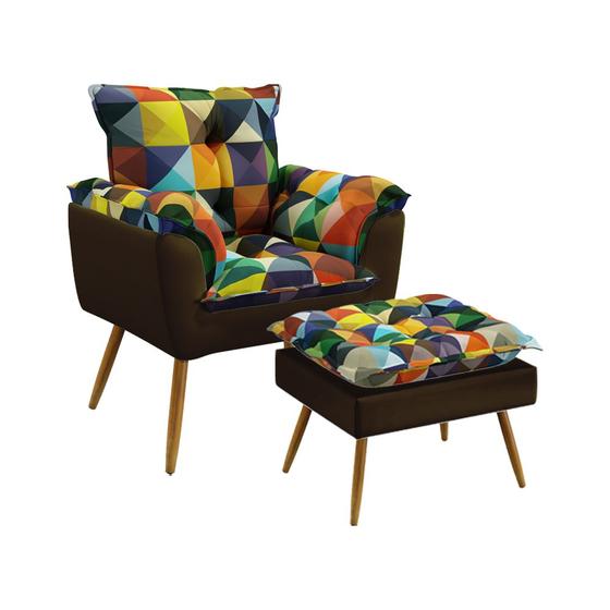 Imagem de Kit Poltrona Almofadada Beta e Puff Lunar F-015 N-027 Sued Estampado Colorido com Veludo Marrom Choc