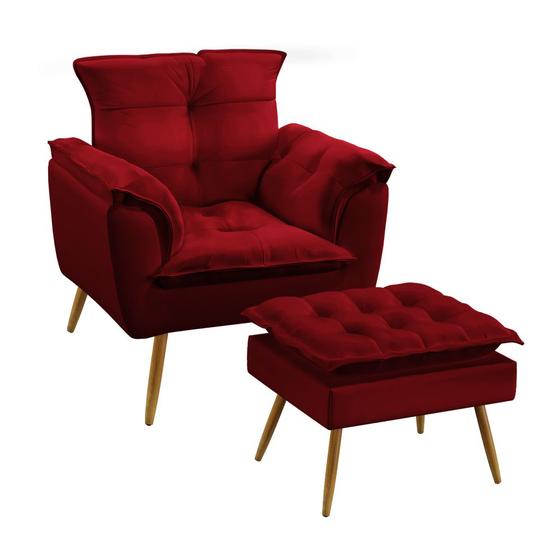 Imagem de Kit Poltrona Almofadada Decorativa Beta e Puff Lunar N-033 Veludo Vermelho Aradecor