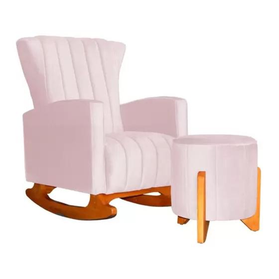 Imagem de Kit Poltrona Amamentação Balanço + Puff Suede Rosa Bebê - Vallisa Decor