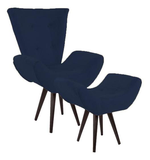 Imagem de Kit Poltrona Cadeira + Puff Maisa Decorativo Para Recepção Sala Estar Suede Azul Marinho - LM DECOR