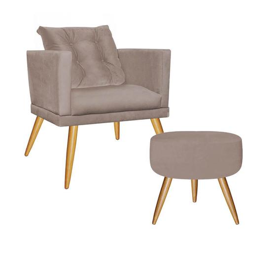Imagem de Kit Poltrona Com Almofada e Puff Milena Confort Sala Recepção Escritório Consultório Pé Madeira Suede Bege - DAMAFFÊ MÓVEIS