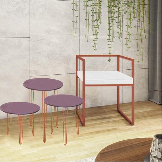 Imagem de Kit Poltrona Cubo com 3 Mesas Roma Ferro Bronze Tampo Redondo Rose Suede Branco - Ahz Móveis