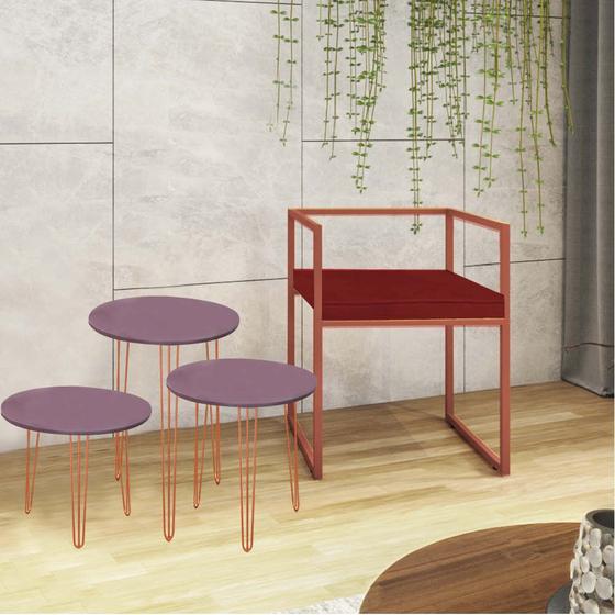 Imagem de Kit Poltrona Cubo com 3 Mesas Roma Ferro Bronze Tampo Redondo Rose Suede Vermelho - Ahz Móveis