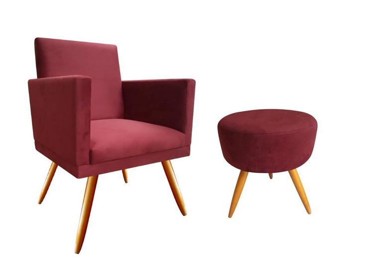 Imagem de Kit Poltrona Decorativa Bia + Puff Redondo Suede Marsala Pés Madeira Mz Decor