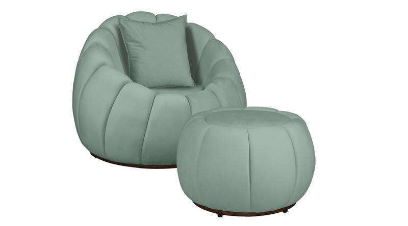 Imagem de Kit Poltrona Decorativa C/Puff e Almofada Concha Veludo Acqua - Montanaris Decor