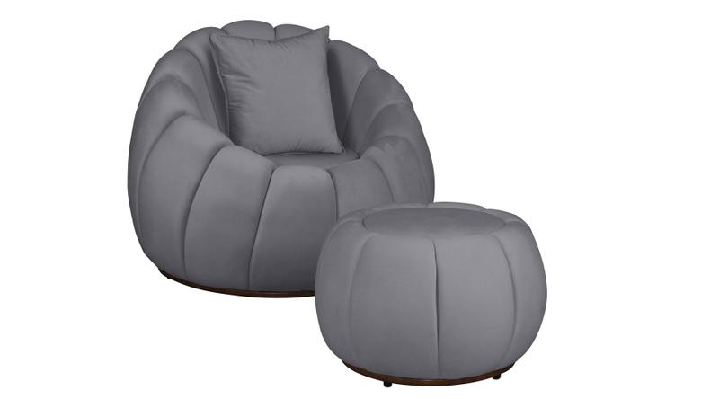 Imagem de Kit Poltrona Decorativa C/Puff e Almofada Concha Veludo Cinza - Montanaris Decor
