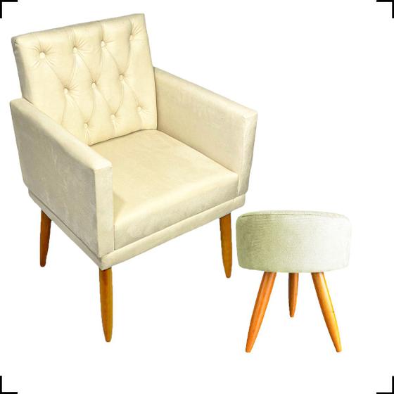 Imagem de Kit Poltrona Decorativa Capitonê + Puff Redondo Para Sala  Suede Cores - Clique e Decore