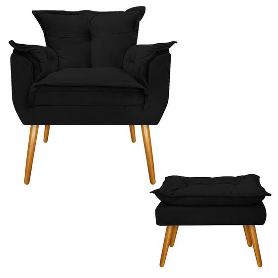 Imagem de Kit Poltrona Decorativa e Puff Opala Palito Mel Sala de Estar Suede Preto