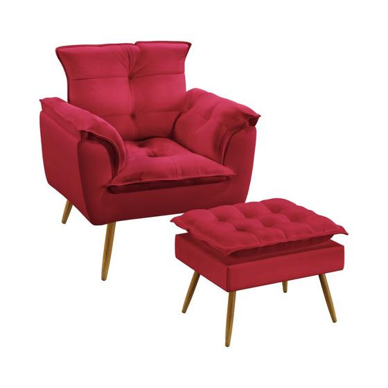 Imagem de Kit Poltrona Decorativa Estofada Para Sala De Estar Opala e Puff Lunar Sued Vermelho Aradecor