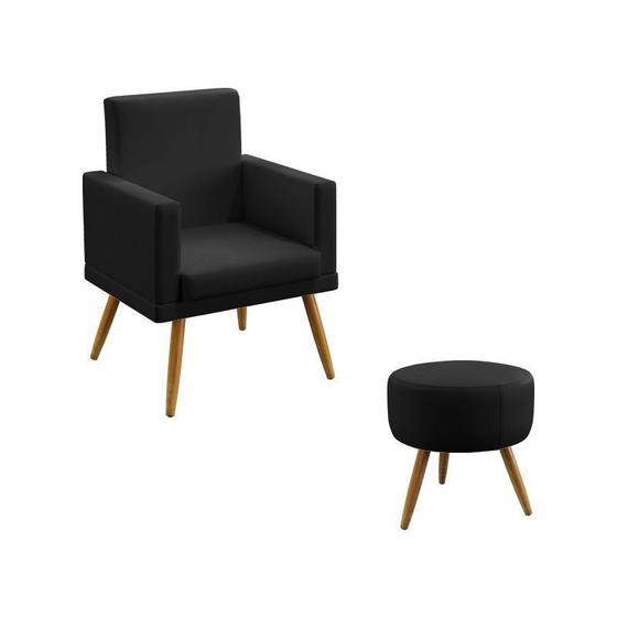 Kit Poltrona Decorativa Nina Com Rodapé e Puff Solar Couro Artificial Preto Aradecor Imagem de Kit Poltrona Decorativa Nina Com Rodapé e Puff Solar Couro Artificial Preto Aradecor