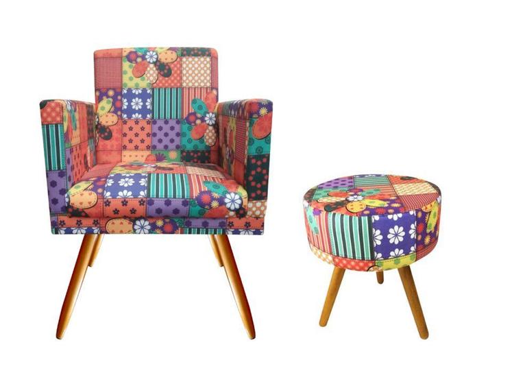 Imagem de Kit Poltrona Decorativa Nina + Puff Redondo Suede Patchwork Pés Madeira Ms Decor