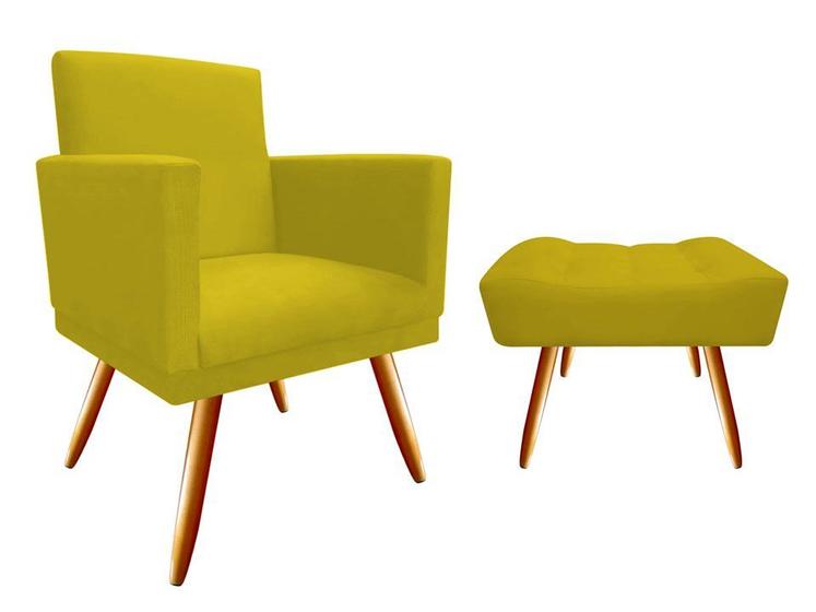 Imagem de Kit Poltrona Decorativa Nina + Puff Retangular Suede Amarelo Pés Madeira Mz Decor