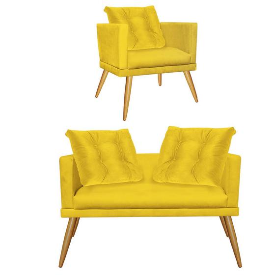 Imagem de Kit Poltrona e Namoradeira Sofá Milena Confort Com Almofada Sala Recepção Escritório Consultório Pé Carvalho material sintético Amarelo - DAMAFFÊ MÓVEIS