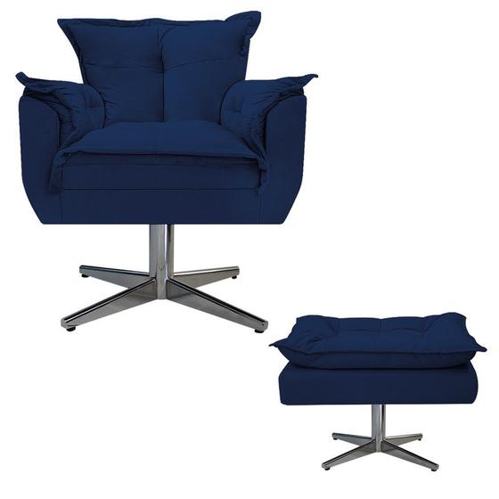 Imagem de Kit Poltrona e Puff Opala Base Giratória de Metal Sala de Espera Recepção Suede Azul Marinho