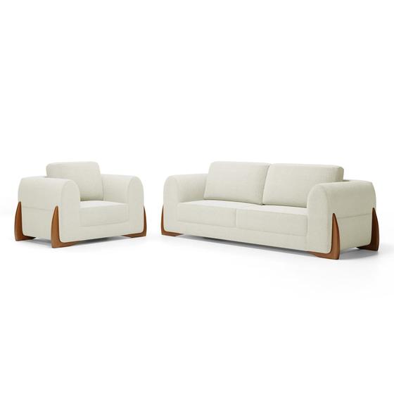 Imagem de Kit Poltrona e Sofá Bloom 180cm 02 Lugares com Pés de Madeira Bouclê Off White - Desk Design