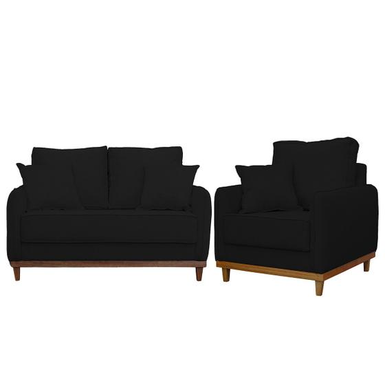 Imagem de Kit Poltrona e Sofa Sena 2 Lugar Base de Madeira para Sala Hotel Linho Preto