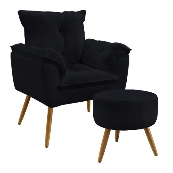 Imagem de Kit Poltrona Estofada Decorativa Opala e Puff Solar com Pés Palito N-024 Veludo Preto Aradecor