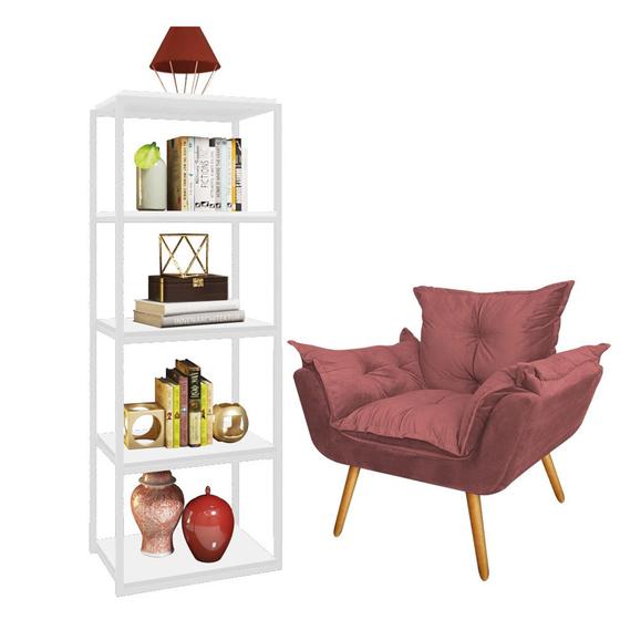 Imagem de Kit Poltrona Fatte com Estante Livreiro Ferro Branco MDF Branco Suede Rose Gold - Ahazzo Móveis