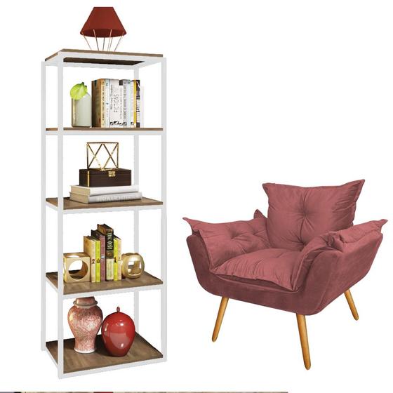 Imagem de Kit Poltrona Fatte com Estante Livreiro Ferro Branco MDF Castanho Suede Rose Gold - Ahazzo Móveis